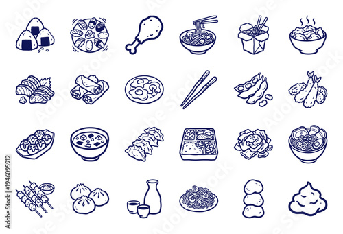 Japanese cuisine and Asian street food elements for organic restaurant branding. Hand-drawn blue ink doodle illustrations featuring sushi, ramen, and dim sum.