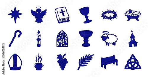 Hand-drawn Christian religious symbols and liturgical elements for spiritual branding. Rustic naive marker sketch illustrations of church faith concepts.