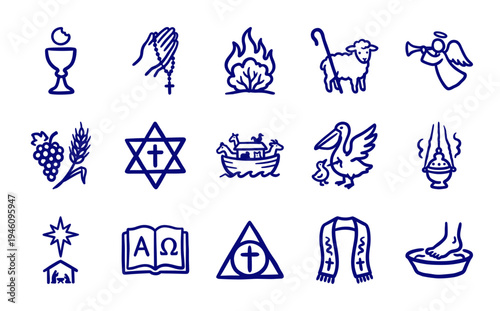 Hand-drawn Christian religious symbols and biblical motifs in a naive marker sketch style for church branding and spiritual storytelling.