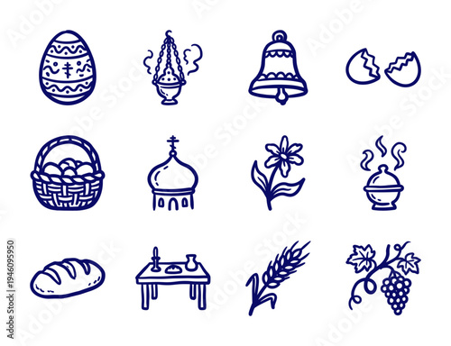 Hand-drawn Orthodox Easter and religious celebration elements in a rustic blue ink doodle style. Naive marker sketch illustrations featuring church, eggs, and bread.