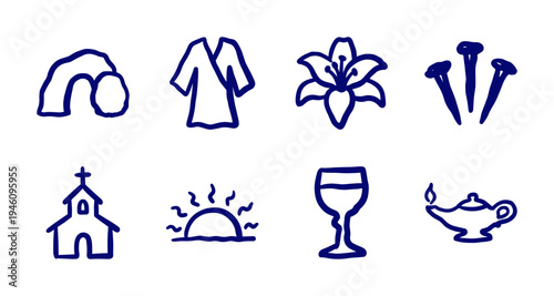 Hand-drawn Easter and Christian religious symbols in a rustic naive doodle style. Clumsy marker sketch illustrations for spiritual branding and church events.