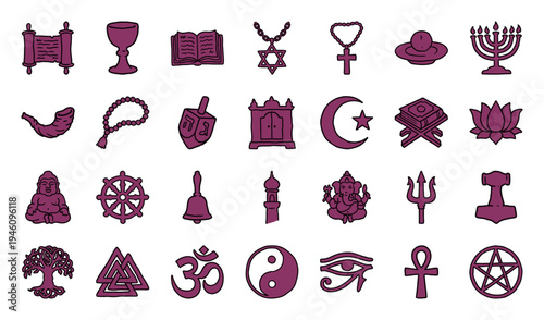 Hand-drawn religious and spiritual symbols in a rustic naive marker sketch style. Purple organic illustrations for cultural storytelling and education.