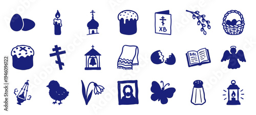 Orthodox Easter traditions and religious symbols in a rustic blue doodle style. Naive hand-drawn sketch illustrations featuring Pascha cake, eggs, and church elements.