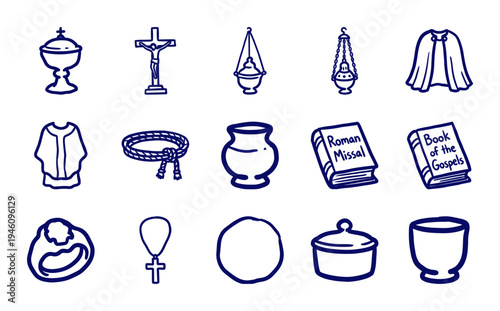 Catholic liturgical items and altar server tools for religious education. Rustic hand-drawn naive marker sketch featuring chalice, crucifix, and thurible.