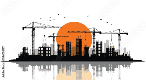 Vector city skyline with construction cranes at sunset