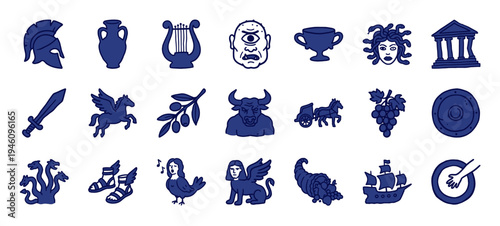 Ancient Greek Mythology hand-drawn doodle elements for educational storytelling. Rustic navy blue marker sketch illustrations featuring legendary creatures and Hellenic artifacts.