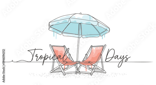 Vector illustration of 2 beach chairs and umbrella, Tropical Days