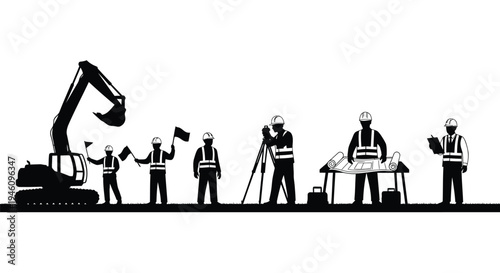 Set of 6 construction workers and excavator vector icons