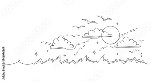 Vector illustration of a scenic landscape with clouds, moon, birds, and stars