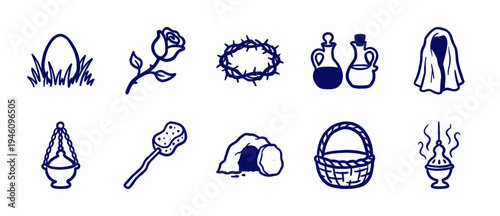 Hand-drawn Easter and religious symbols in a rustic naive doodle style. Organic marker sketch elements featuring resurrection and spring holiday concepts.