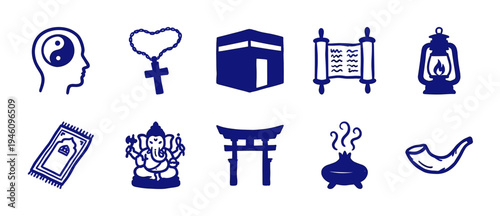 Hand-drawn religious and spiritual symbols for global cultural identity. Rustic, naive marker sketch illustrations featuring faith and worship concepts.