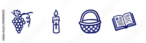 Hand-drawn religious and harvest elements in a rustic blue marker style. Naive doodle illustrations featuring a candle, grapes, bible, and wicker basket.