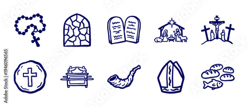Hand-drawn Christian and biblical symbols for religious education and church branding. Rustic naive marker sketch illustrations of faith concepts.