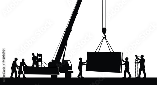 Set of construction workers and crane vector silhouette