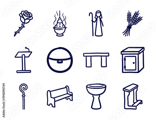Hand-drawn religious liturgy and church sanctuary elements. Rustic, naive marker sketch illustrations of Catholic ritual objects and clergy symbols.