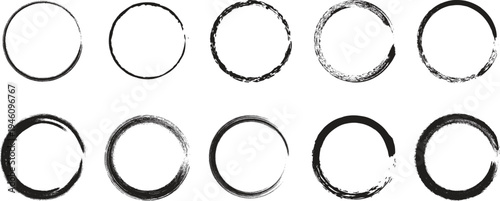 A series of ten black circles on a white background