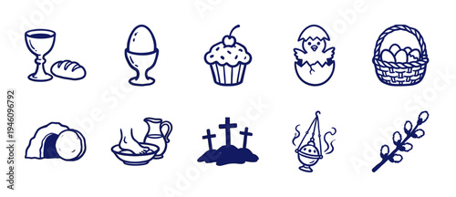 Hand-drawn Easter and religious symbols in a rustic navy blue doodle style. Naive marker sketch illustrations for holiday stationery and church materials.