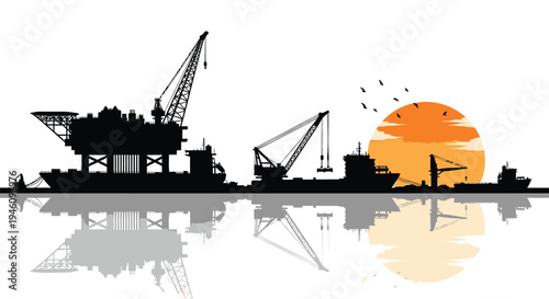 Vector silhouette of industrial harbor with cranes at sunset