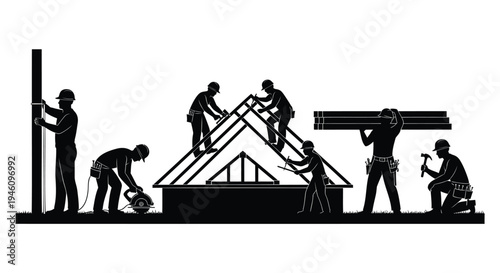 Set of 7 construction workers building a house roof vector