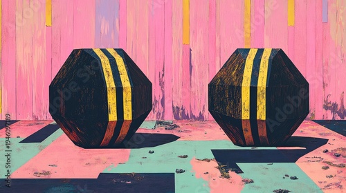 Two dark geometric shapes rest on a pink and teal floor against a pink wood wall; abstract art