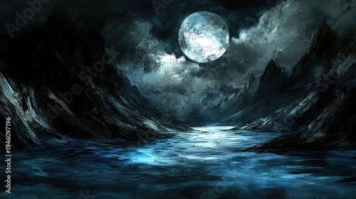 Dark moonlit mountainscape; river valley; fantasy landscape; game background