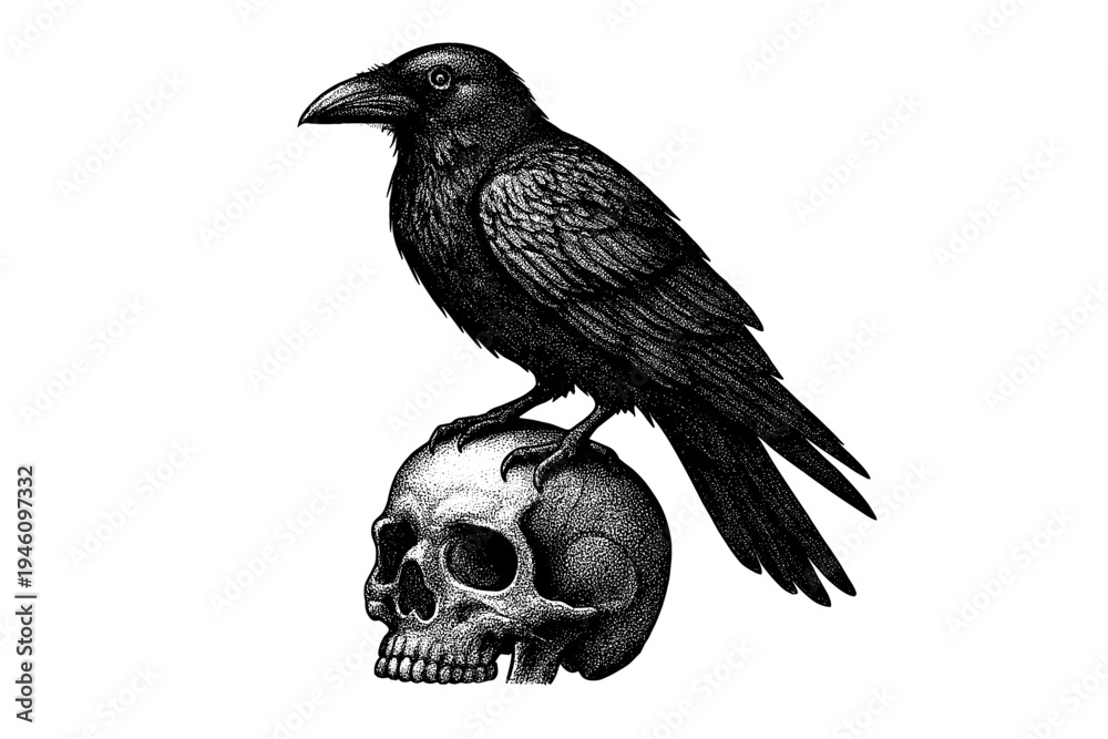 Obraz premium Detailed monochrome illustration of a black raven perched atop a human skull, gothic engraving-style artwork evoking mortality, macabre symbolism and dark atmosphere