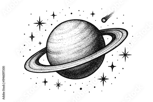 Stippled black-and-white illustration of a ringed planet with textured surface and prominent rings, surrounded by stars, sparkles, a distant comet and scattered cosmic dust
