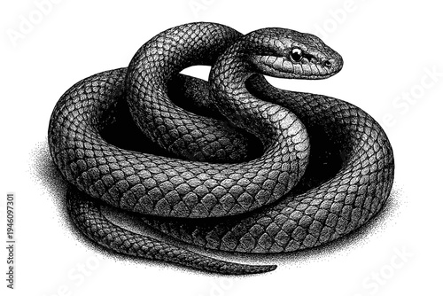Highly detailed monochrome stippled ink illustration of a coiled snake with textured scales and a defined head and eyes resting in a tight spiral showing shadow and pattern
