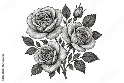 Intricate black-and-white botanical illustration of three blooming roses with buds and textured leaves, rendered in detailed stippling and engraving style retro floral artwork