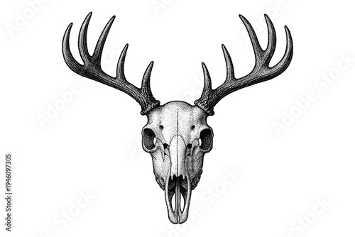 Monochrome dotwork illustration of a deer skull with large branching antlers, symmetrical anatomical engraving on white background, vintage trophy skull artwork with macabre