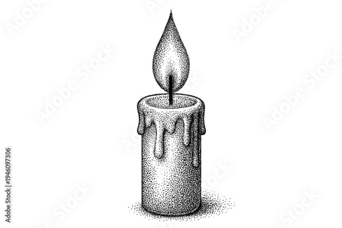 Hand-drawn stippled illustration of a burning pillar candle with melting wax drips and a glowing flame, rendered in black and white dotwork style with scattered shadowing