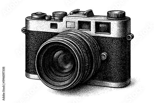 Detailed black-and-white stippled engraving of a vintage rangefinder film camera with prominent lens and textured metal body, close-up illustration highlighting classic optics