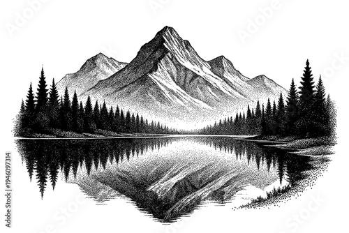 Monochrome stipple illustration of a majestic mountain peak rising above a dense pine forest with a mirror-like lake reflection along a tranquil shoreline in black ink