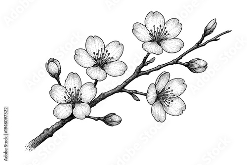 Intricate ink stipple botanical illustration of a cherry blossom (sakura) branch featuring blooming five-petal flowers, closed buds, visible stamens and textured bark