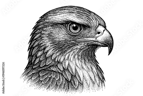 Detailed monochrome stippled ink illustration of a fierce eagle head in profile, showcasing textured feathers, a sharp hooked beak, intense eye, and intricate linework