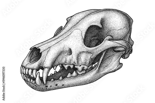 Highly detailed stippled ink illustration of a canine skull in lateral profile, showcasing teeth, jaw structure, cranial sutures and bone texture against a clean white background