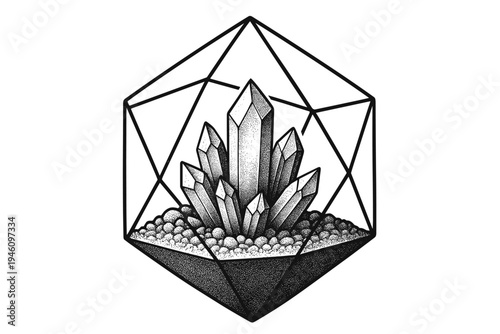 Black-and-white geometric terrarium showcasing a quartz crystal cluster emerging from pebble substrate, rendered in stippled dotwork linework with faceted symmetry and sharp angles