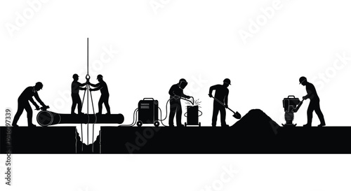 Set of 7 construction worker silhouettes vector