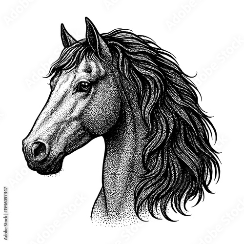 Detailed black-and-white stippled engraving of a horse head portrait with flowing mane, intricate dotwork and linework illustration capturing realistic equine anatomy and texture