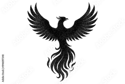 Stylized black phoenix silhouette with outstretched wings and flowing flame-like tail in textured ink-speckle design, rising upward as a bold tribal ornamental emblem