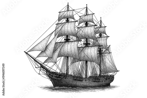 Detailed black and white vintage engraving of a three-masted sailing ship with full square sails, elaborate rigging, bowsprit and hull, rendered in fine stippling and linework