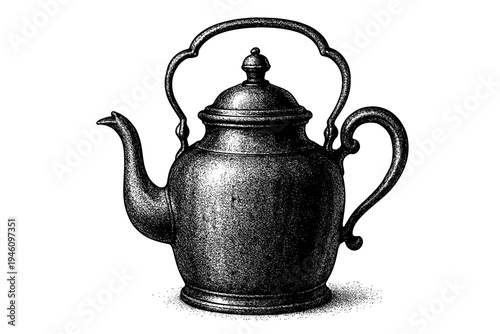 Vintage cast-iron teapot with ornate curved handle and elongated spout, detailed black-and-white stipple engraving of an antique kettle with lid and decorative silhouette