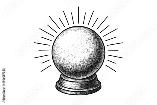 Stippled black-and-white illustration of a crystal ball on a pedestal with radiating rays, vintage engraving style glass sphere for fortune-telling and mystical occult imagery