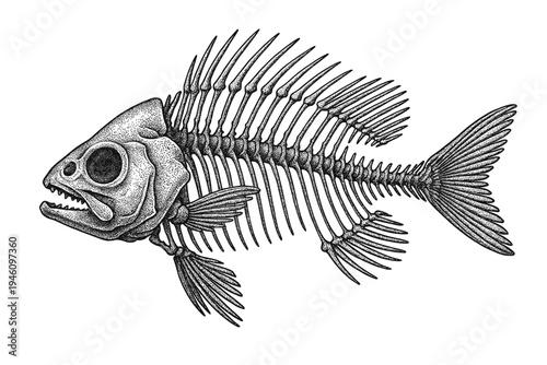 Highly detailed monochrome ink illustration of a fish skeleton with exposed skull, articulated vertebrae, rib and fin bones, prominent spines and tail, rendered in stippled engraving