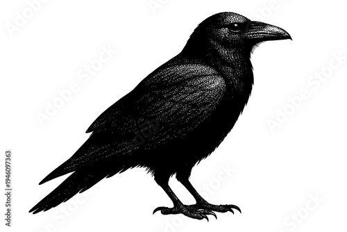 Detailed black raven illustration in side profile, engraved stipple-style bird artwork showing textured feathers, prominent beak and claws on a white background