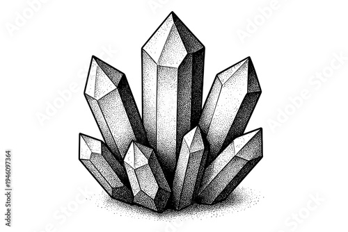 Detailed stippled black and white illustration of a crystalline quartz cluster with multiple faceted points and geometric prism structures arranged in a natural mineral formation