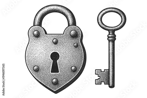 Engraving-style illustration of an antique heart-shaped padlock and matching skeleton key with stipple texture, vintage metal hardware and classic security motif