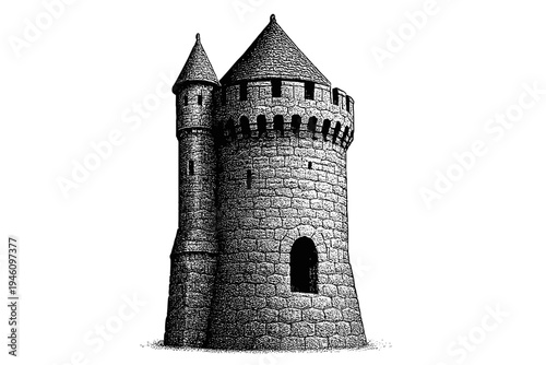 Detailed black-and-white illustration of a tall medieval stone tower with an attached round turret, conical roofs, battlements and arched doorway, isolated on white background