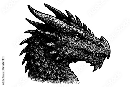 Highly detailed monochrome stipple illustration of a dragon head in profile, showcasing layered scales, sweeping horns, textured skin, a fierce eye and exposed serrated teeth