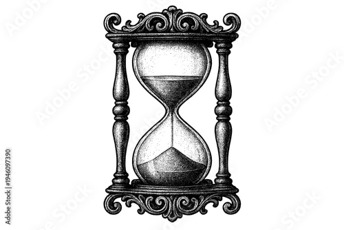 Vintage ornate hourglass engraving with flowing sand between two glass bulbs, decorative carved wooden frame and turned pillars in detailed black and white illustration